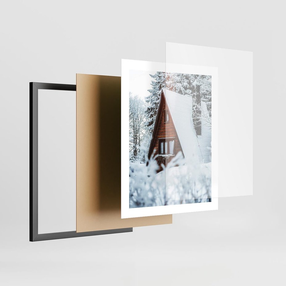 Plakat w ramie 40x50 - Zimowe Ustronie w Lesie - domek w lesie, zimowy las - rama czarna