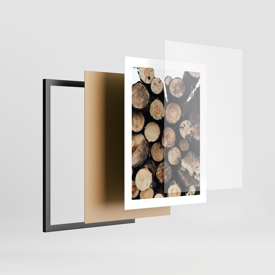 Plakat w ramie 30x40 - Siła Drewna - ścięte drewno, belki drewna ułożone jedna na drugiej - rama czarna