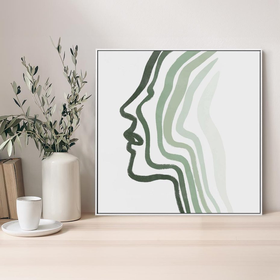 Obraz w ramie 80x80 - Zielony Profil - abstrakcja, zielony portret z profilu - rama biała