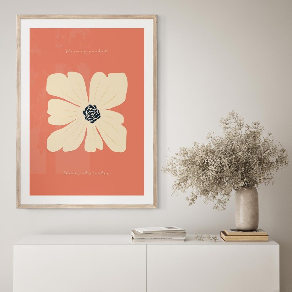 Plakat w ramie 40x50 - Malowane Kolorowe Echa - minimalistyczna grafika, biały kwiat na różowym tle - rama drewno