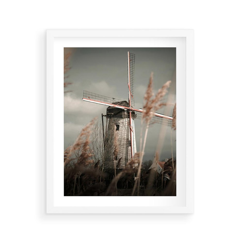 Plakat w ramie 40x50 - Wiejska Idylla: Młyn w Polu - wiatrak, młyn w polu - rama biała