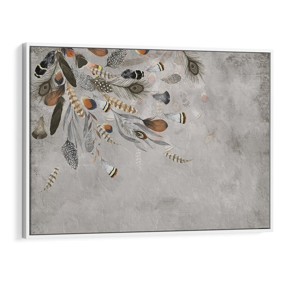Obraz w ramie 120x80 - Sploty losu na płótnie - kompozycja boho piór, indiańskie pióra - rama biała