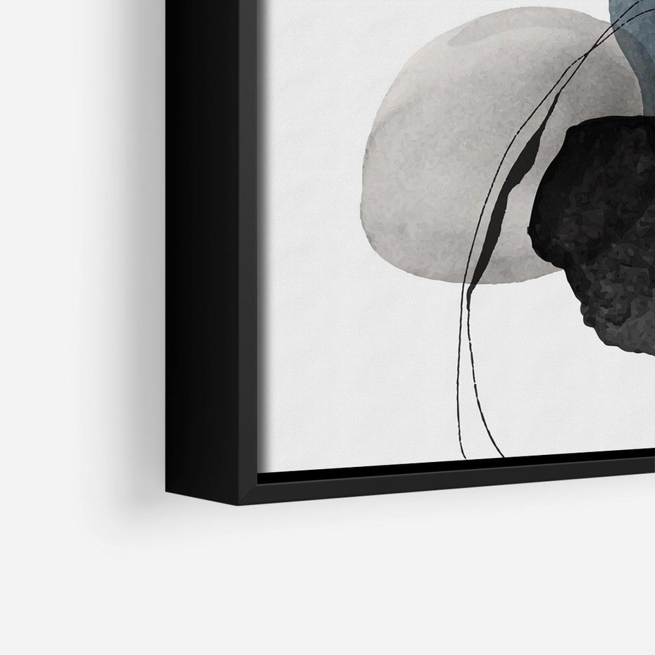 Obraz w ramie 50x50 - Wibracje Kształtów - abstrakcyjne plamy akwarelowe, czarny szkic - rama czarna