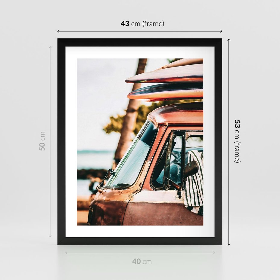 Plakat w ramie 40x50 - Surfingowa Wolność - samochód, stary van - rama czarna