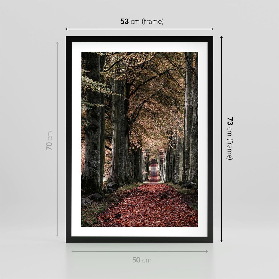 Plakat w ramie 50x70 - Spacer po Leśnej Drodze - ścieżka w lesie, jesień suche liście - rama czarna