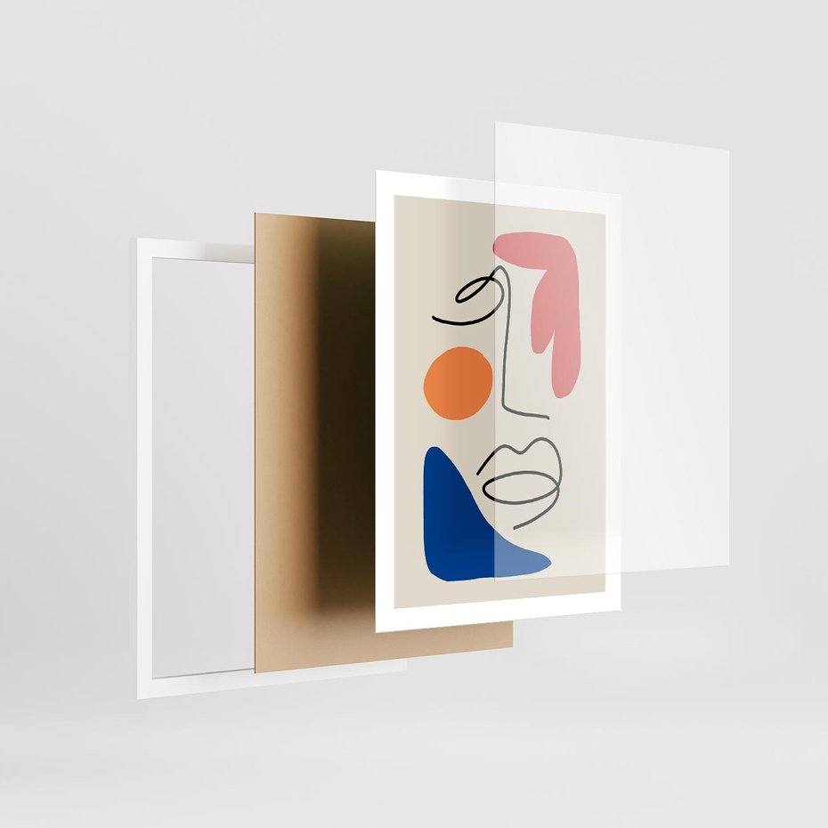 Plakat w ramie 50x70 - Rozbijające Granice Kształtów - abstrakcyjny obraz, przypomina twarz - rama biała