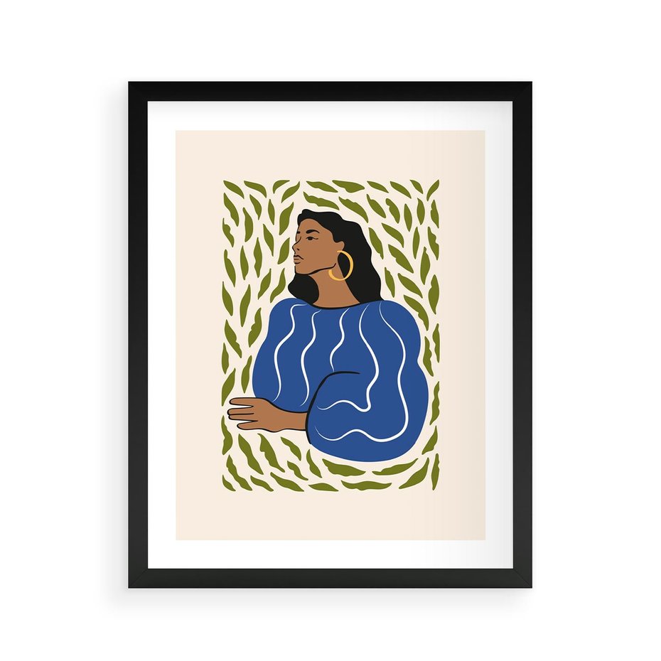 Plakat w ramie 40x50 - Rozbite Barwy - nowoczesny plakat, kobieta otoczona liśćmi - rama czarna