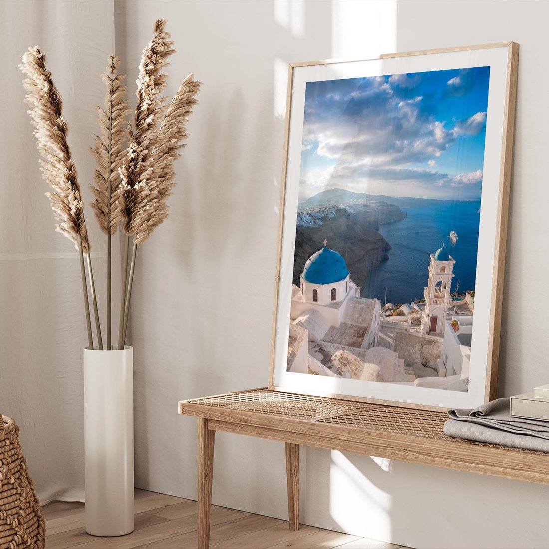 Plakat w ramie 50x70 - Błękitne Przezycia - Santorini, morze - rama drewno