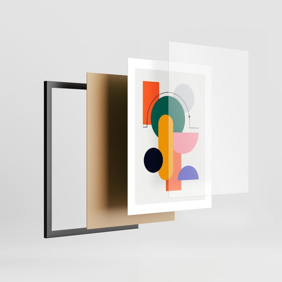 Plakat w ramie 30x40 - Harmonijne Przenikanie Form - nowoczesna sztuka, geometryczna kolorowa grafika - rama czarna