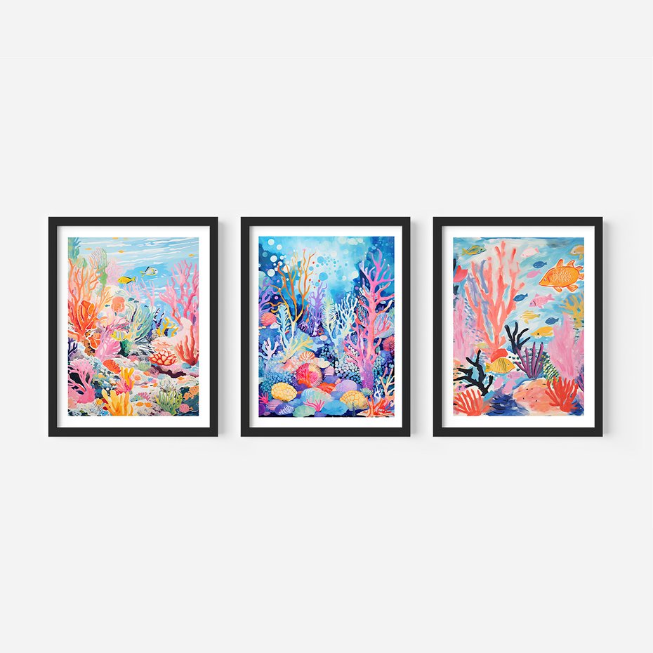 Zestaw obrazy w ramie 30x40 galeria - morze, rybki, akwarela, rafa, koralowa - rama czarna