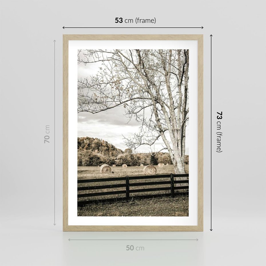 Plakat w ramie 50x70 - Drzewa i Snopki Siana - farma, drzewa - rama drewno
