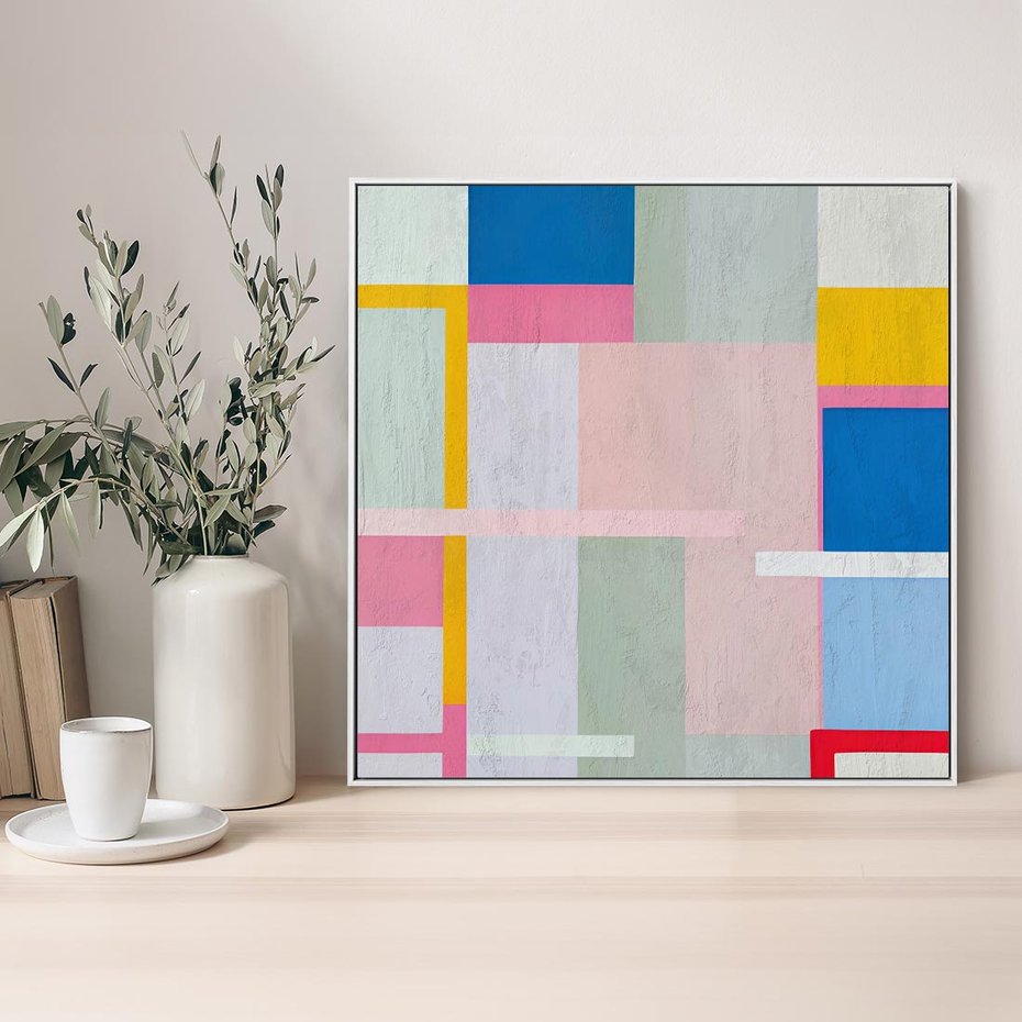 Obraz w ramie 80x80 - Rozbijające Granice Wyobraźni - abstrakcyjne geometryczne kształty, olejny obraz - rama biała