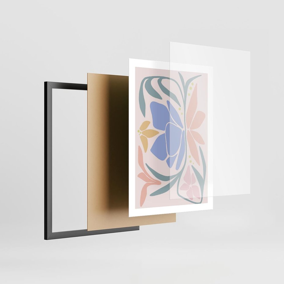 Plakat w ramie 50x70 - Pastele Kwiatowych Plam - pastelowe kwiaty, na beżowym tle - rama czarna