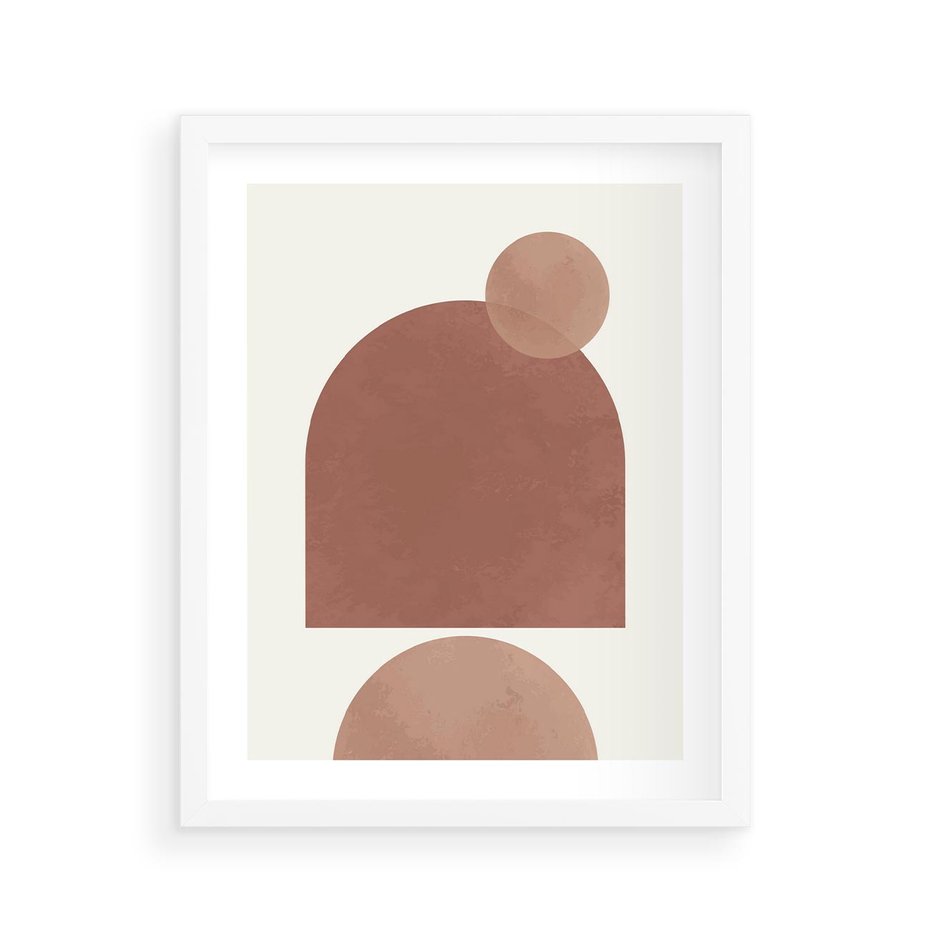 Plakat w ramie 40x50 - Rozkwitające Odbicia - abstrakcyjne geometryczne kształty, odcienie brązu i beżu - rama biała