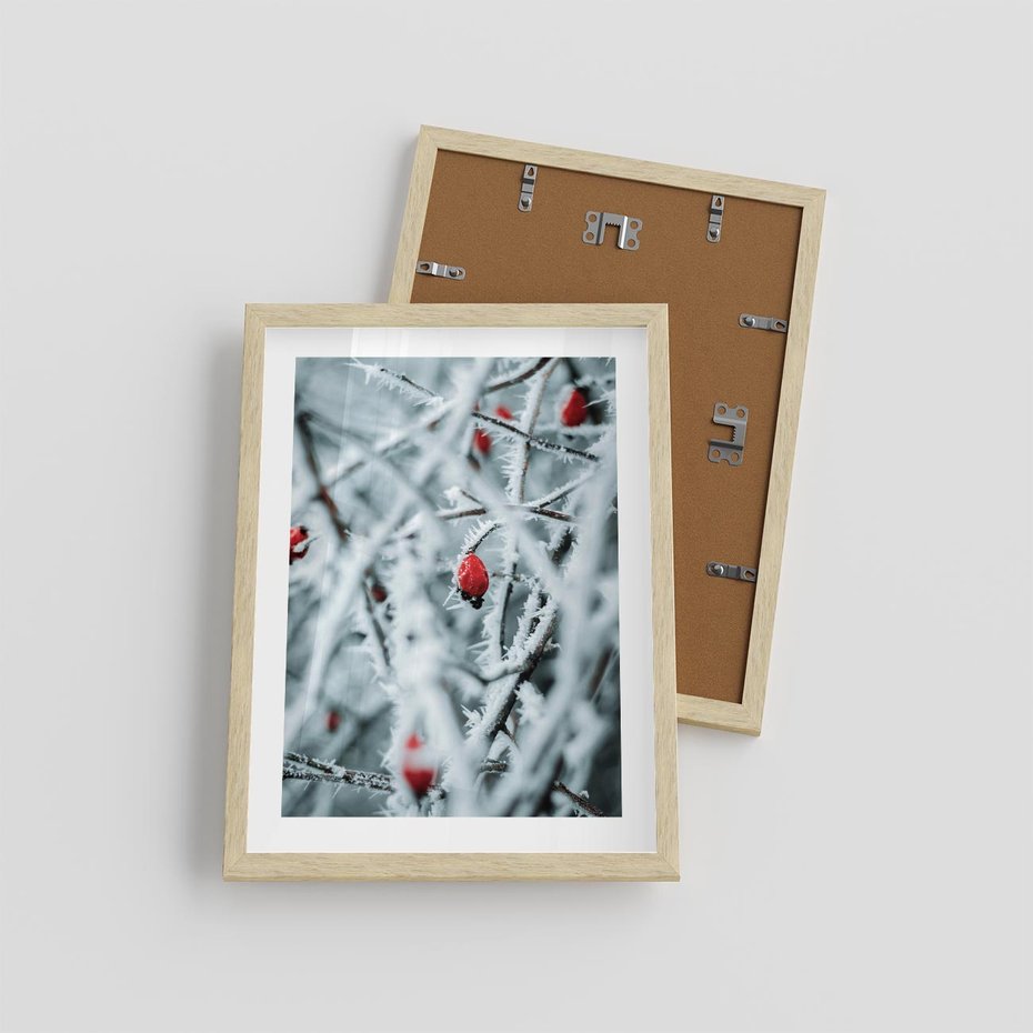 Plakat w ramie 30x40 - Zima na Gałęziach - zima, oszronione gałęzie - rama drewno