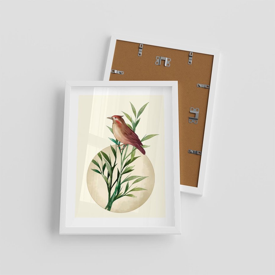 Plakat w ramie 30x40 - Rozkwitająca Delikatność - japońska sztuka, ptak - rama biała