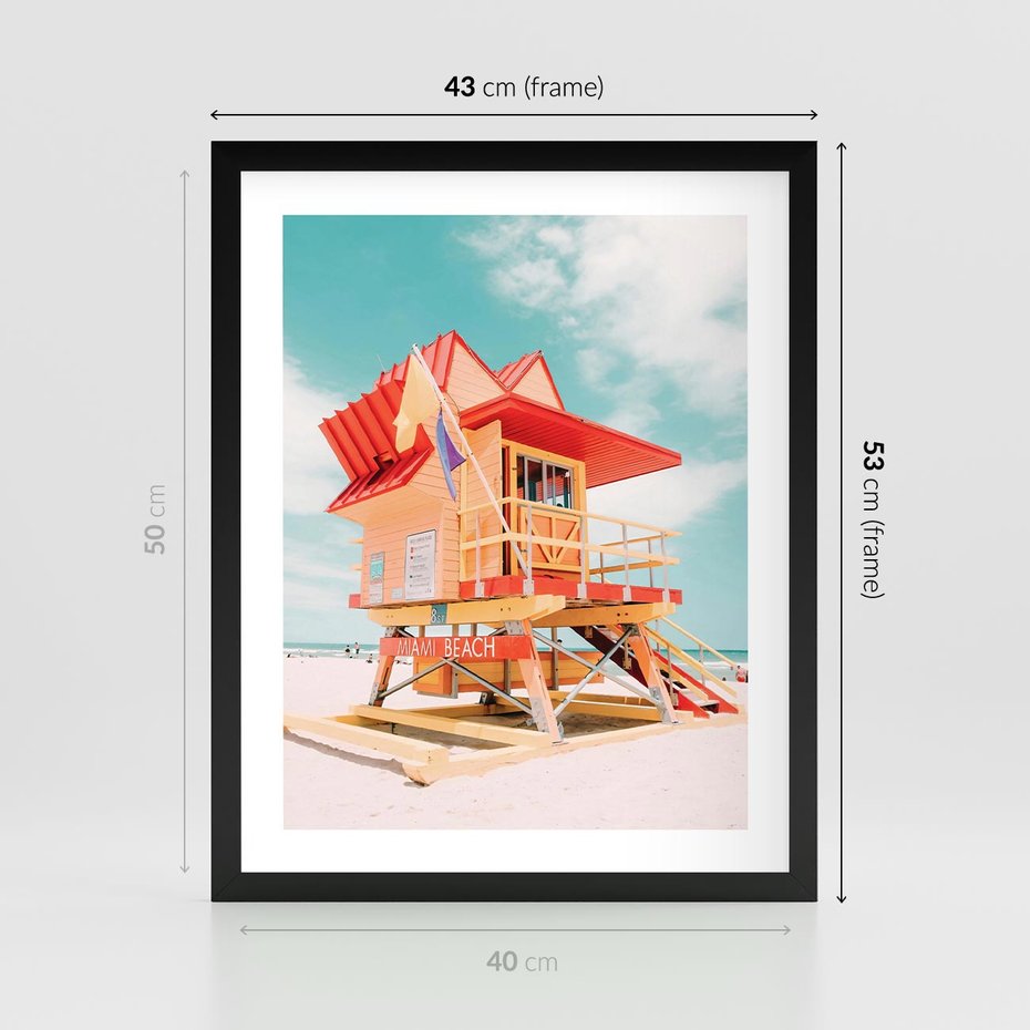 Plakat w ramie 40x50 - Rajski Widok - plaża miami, domek ratownika - rama czarna