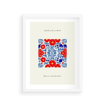 Plakat w ramie 30x40 - Tajemnicza Droga - nowoczesna kwiatowa kompozycja, czerwony i niebieski - rama biała