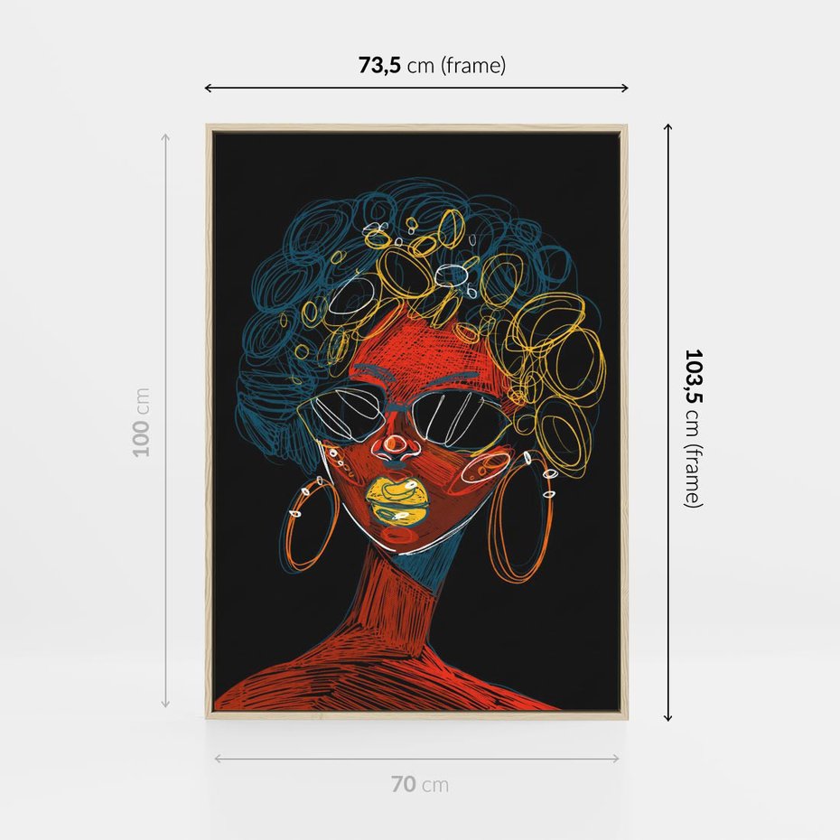Obraz w ramie 70x100 - Kolorowe Wibracje Rzeczywistości - abstrakcyjny portret kobiety, twarz - rama drewno