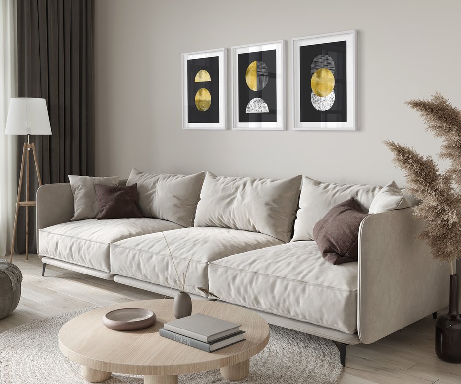 Zestaw obrazy w ramie 50x70 galeria - Złoto, minimalizm, geometryczne - rama biała