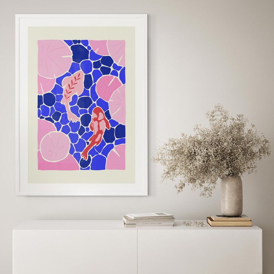 Plakat bez ramy 21x30 - Rzeka Abstrakcji - abstrakcyjna kompozycja, różowe ryby wśród rafy