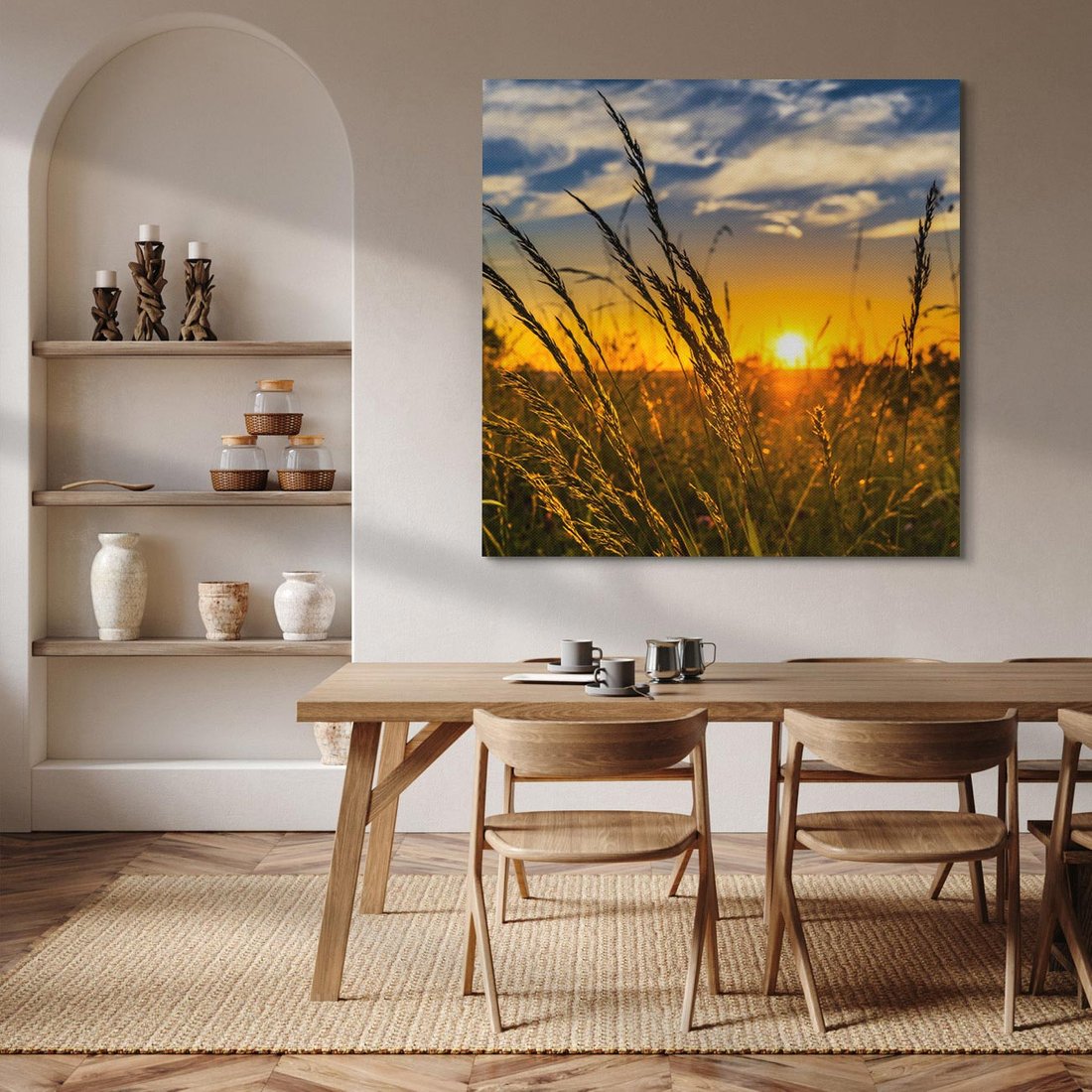 Obraz na płótnie 70x70 - "Zachód Słońca, Łąka - Magiczna Aura - zachód, słońca