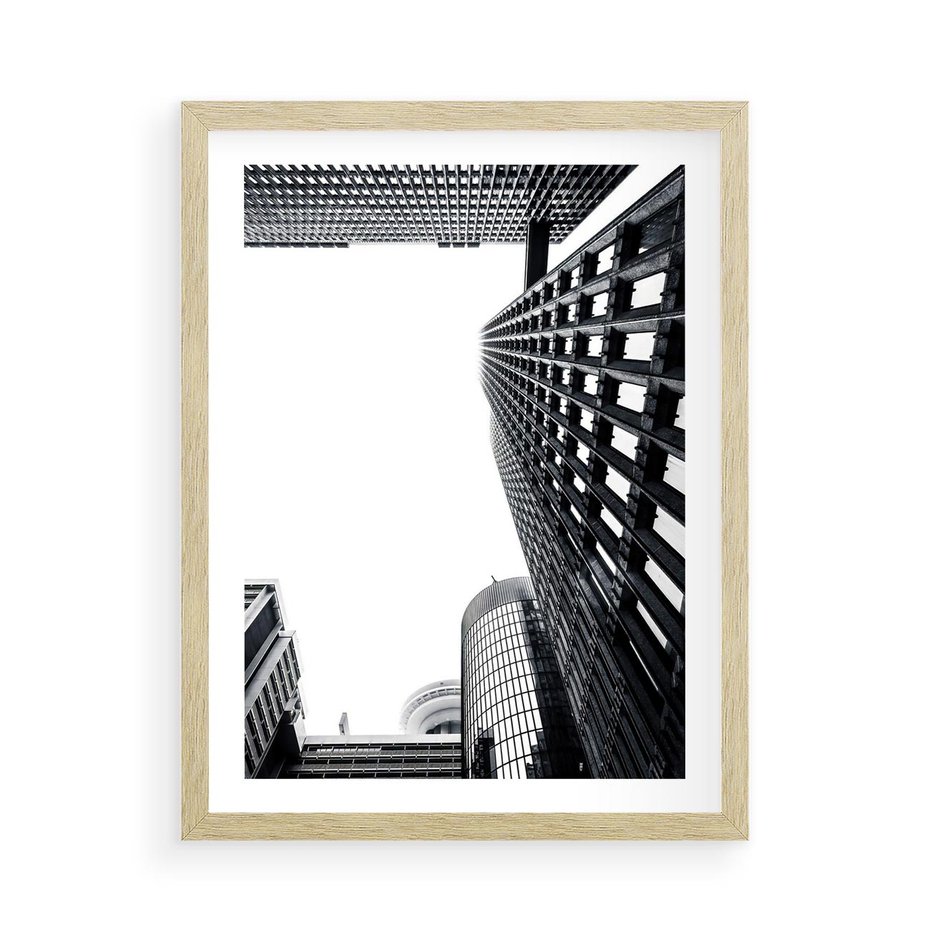 Plakat w ramie 50x70 - Monochromatyczna Sceneria Wieżowców - architektura, wieżowce - rama drewno