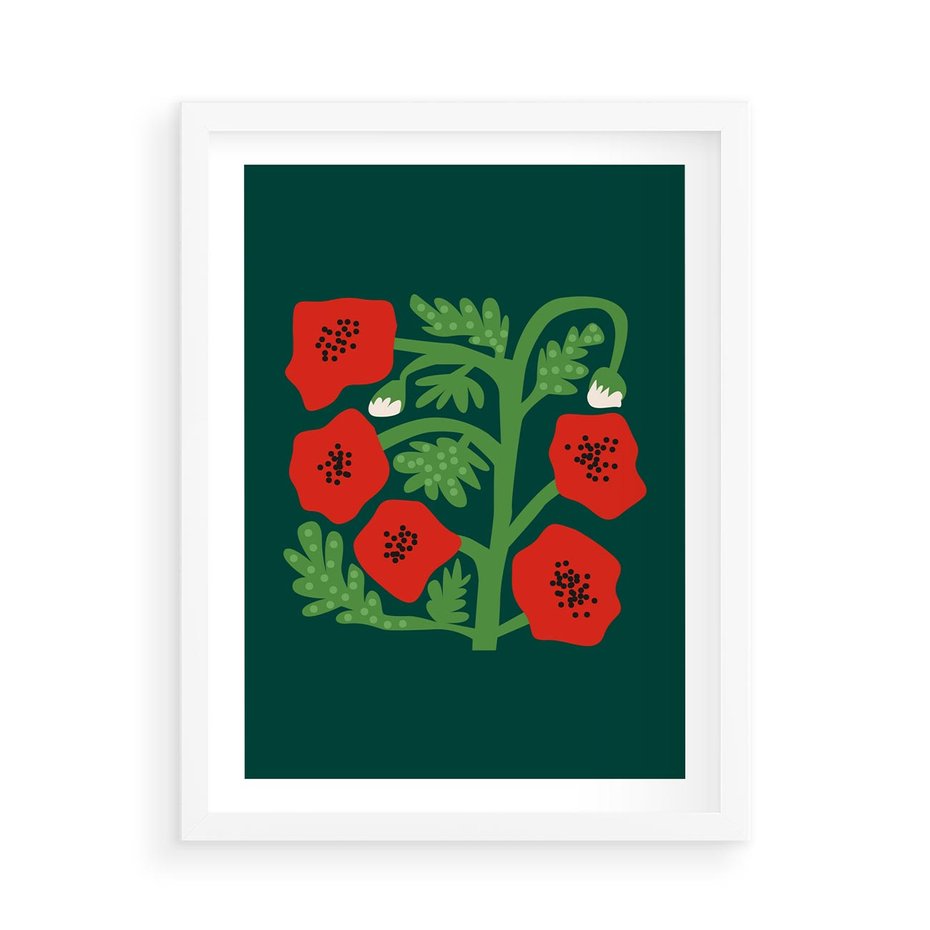 Plakat w ramie 50x70 - Księga Odbić - abstrakcyjna kwiatowa kompozycja, zielone  mocne tło - rama biała