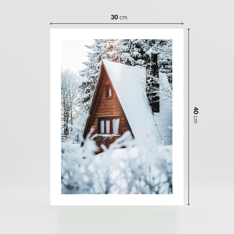 Plakat bez ramy 30x40 - Zimowe Ustronie w Lesie - domek w lesie, zimowy las