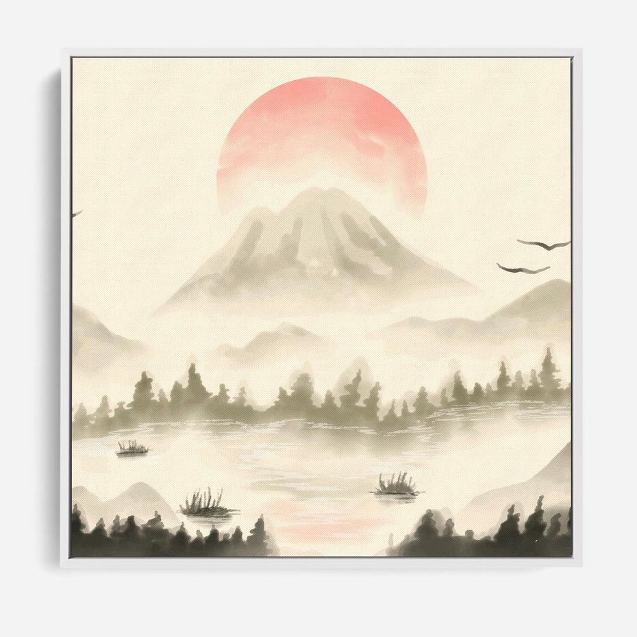 Obraz w ramie 80x80 - Przyroda Japonii - japońska akwarela, góry - rama biała