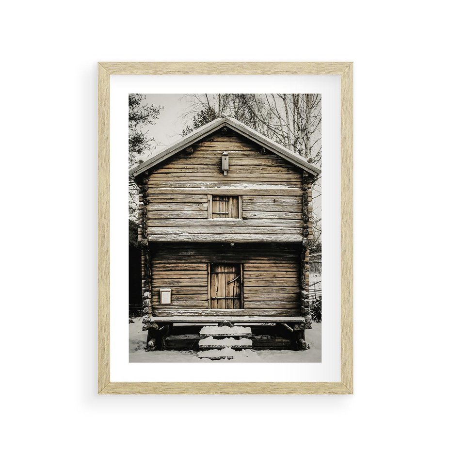 Plakat w ramie 30x40 - Stary Drewniany Dom w Śniegu - stary drewniany dom, zima - rama drewno
