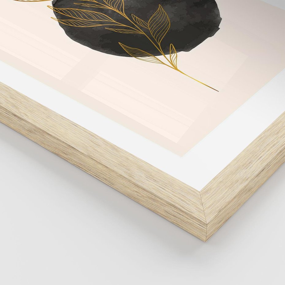 Plakat w ramie 30x40 - Złota Gałązka na Tle Akwarelowej Ciemności - złota gałązka, czarna plama akwarelowa w tle - rama drewno