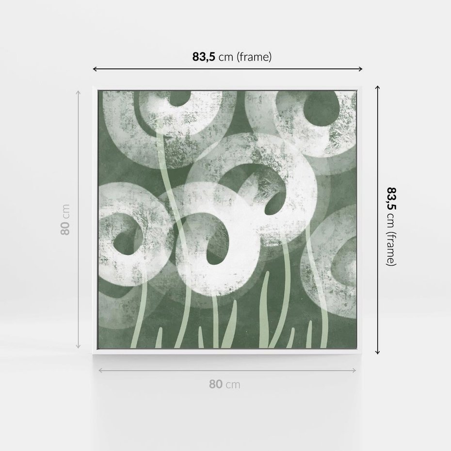 Obraz w ramie 80x80 - Spokojne Plamy Natury - zielony plakat, roślinne motywy - rama biała