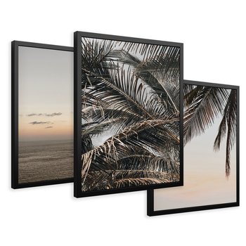 Zestaw obrazy w ramie 50x70 galeria - Palmy, plaża, zachód, słońca - rama czarna