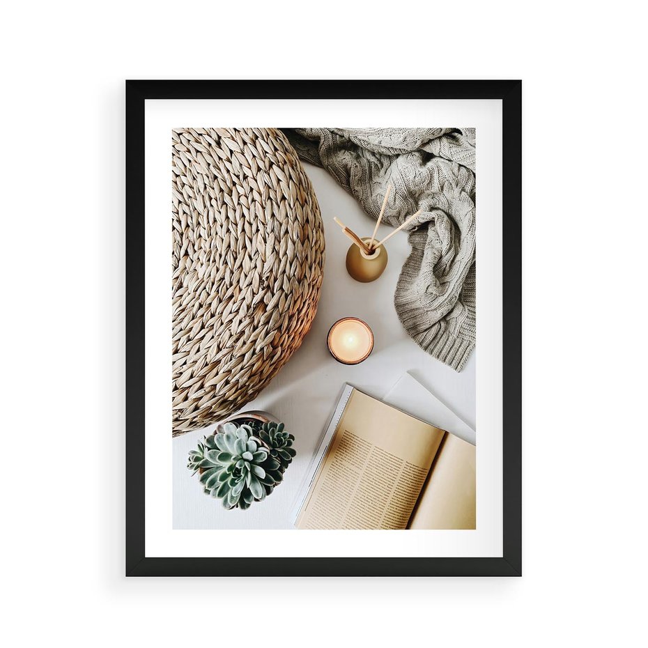 Plakat w ramie 40x50 - Przytulna Kompozycja Lifestyle - kompozycja lifestyle, wiklina - rama czarna