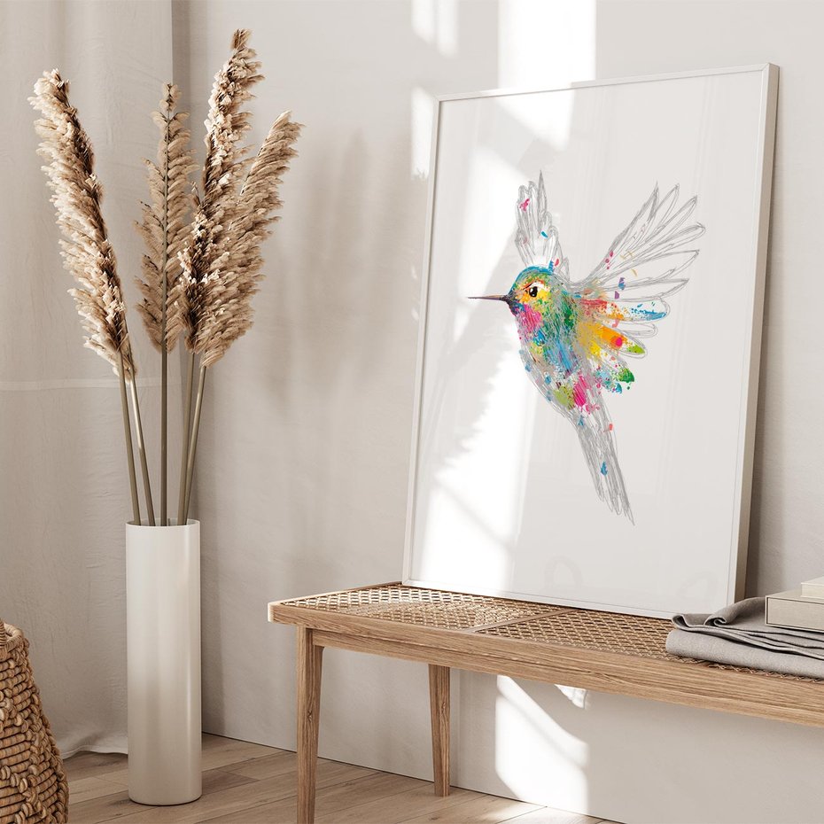 Plakat w ramie 30x40 - Koliber w akwareli - akwarela, koliber - rama biała