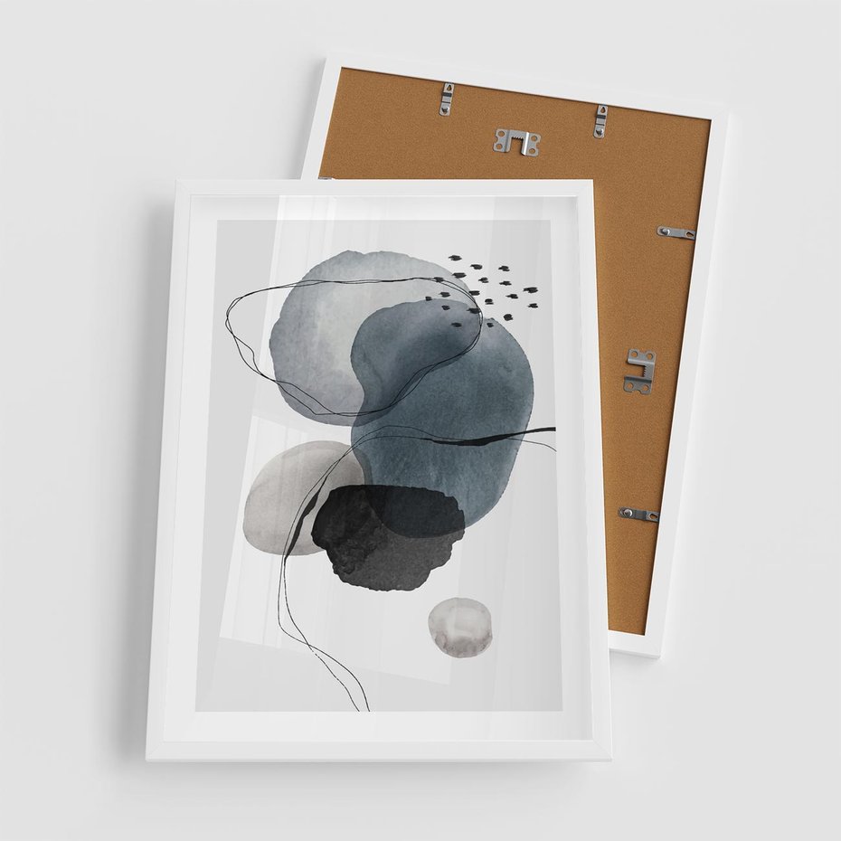 Plakat w ramie 50x70 - Wibracje Kształtów - abstrakcyjne plamy akwarelowe, czarny szkic - rama biała