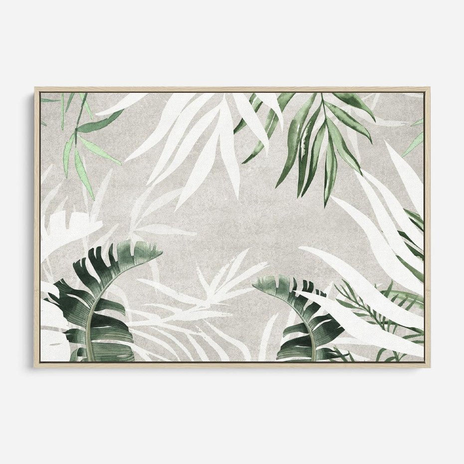 Obraz w ramie 70x50 - Zielony Raj - monstera, palmy - rama drewno