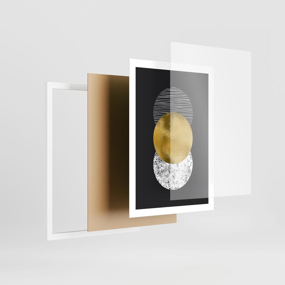 Plakat w ramie 50x70 - Geometryczna Perfekcja: Złote Koło - geometryczna grafika, złote koło - rama biała