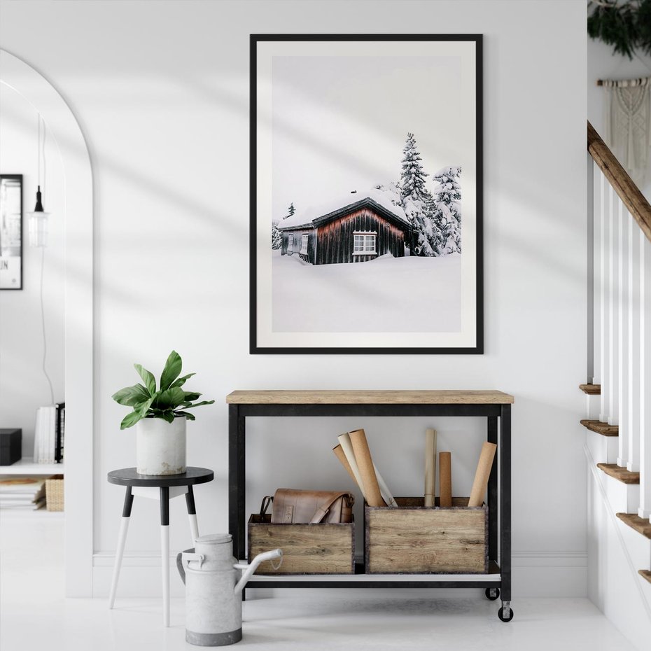 Plakat bez ramy 40x50 - Zimowy Azyl: Domek w Górach - domek w górach, śnieg