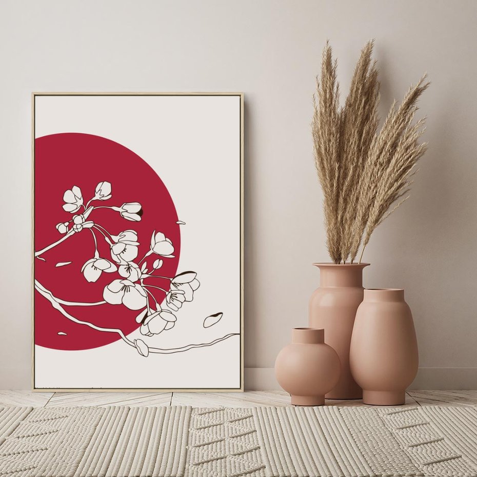 Obraz w ramie 80x120 - Esencja Zen - kwiatnąca wiśnia, orientalna grafika - rama drewno