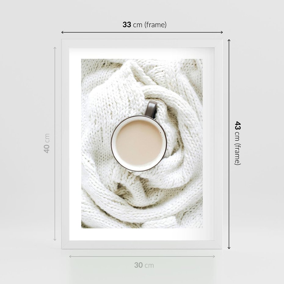 Plakat w ramie 30x40 - Kawa na Wełnianym Kocu - kawa, biały wełniany koc - rama biała