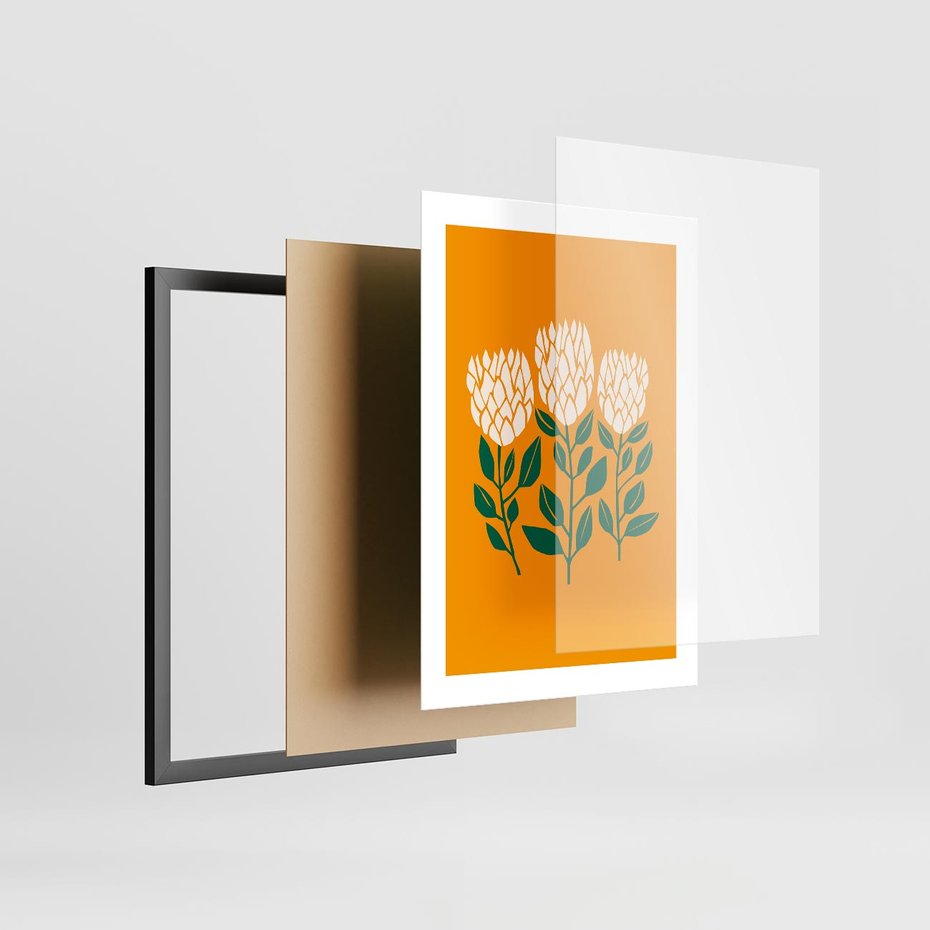 Plakat w ramie 30x40 - Kolorowe Impresje - abstrakcyjna kwiatowa kompozycja, żółte mocne tło - rama czarna