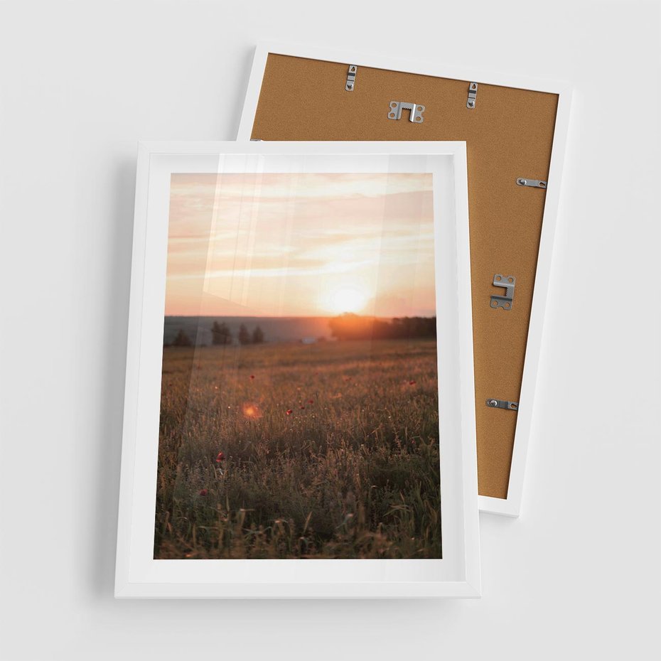 Plakat w ramie 50x70 - Łąka we Wschodzącym Słońcu: Magia Poranka - łąka, krajobraz - rama biała