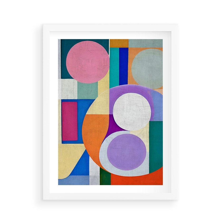 Plakat w ramie 50x70 - Migotliwe Impulsy Dźwięku - różne geometryczne formy, koła - rama biała