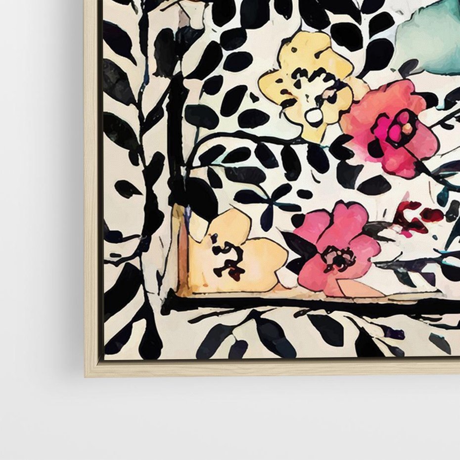 Obraz w ramie 100x70 - Opowieść w kroplach farb - akwarelowe kwiaty, mocna ornamentowa czarna ramka namalowana dookoła obrazu - rama drewno