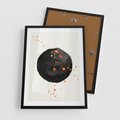 Plakat w ramie 50x70 - Wnętrza Marzeń - abstrakcyjna czarna plama, rozsiane pomarańczowe kropki - rama czarna