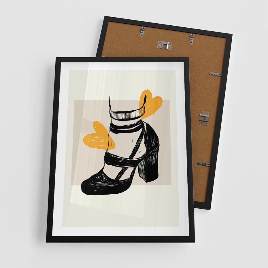 Plakat w ramie 50x70 - Elegancja w Szkicu: Stopa w Bucie na Obcasie - grafika, czarny szkic - rama czarna
