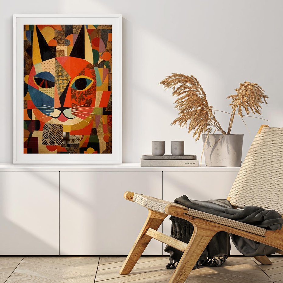 Plakat bez ramy 21x30 - Impresje Nieznanych Odniesień - abstrakcyjny obraz olejny, kot