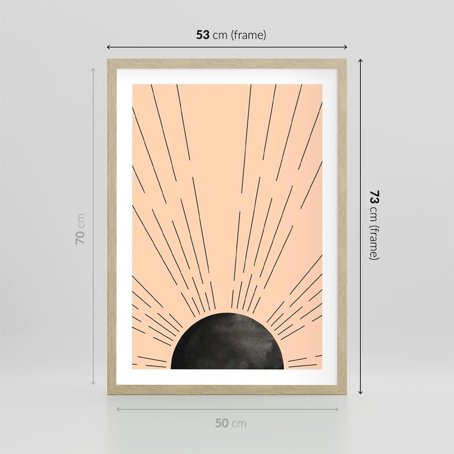 Plakat w ramie 50x70 - Migocące Kształty Promieni - boho czarne słońce, nowoczesna grafika - rama drewno